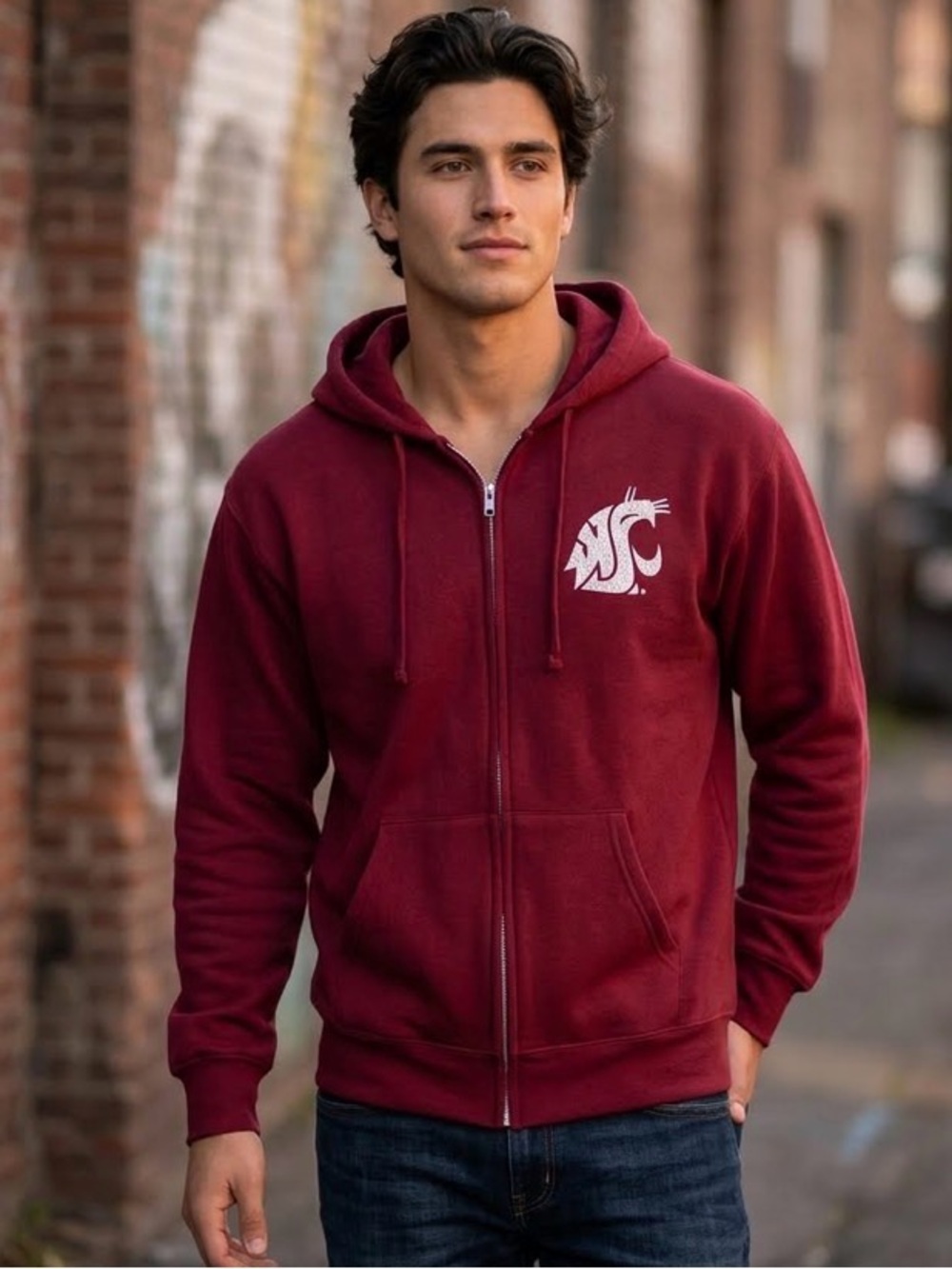 WSU Cougars Washington State Zip Up Burgundy Sweatshirt Hoodie sz L EUC
